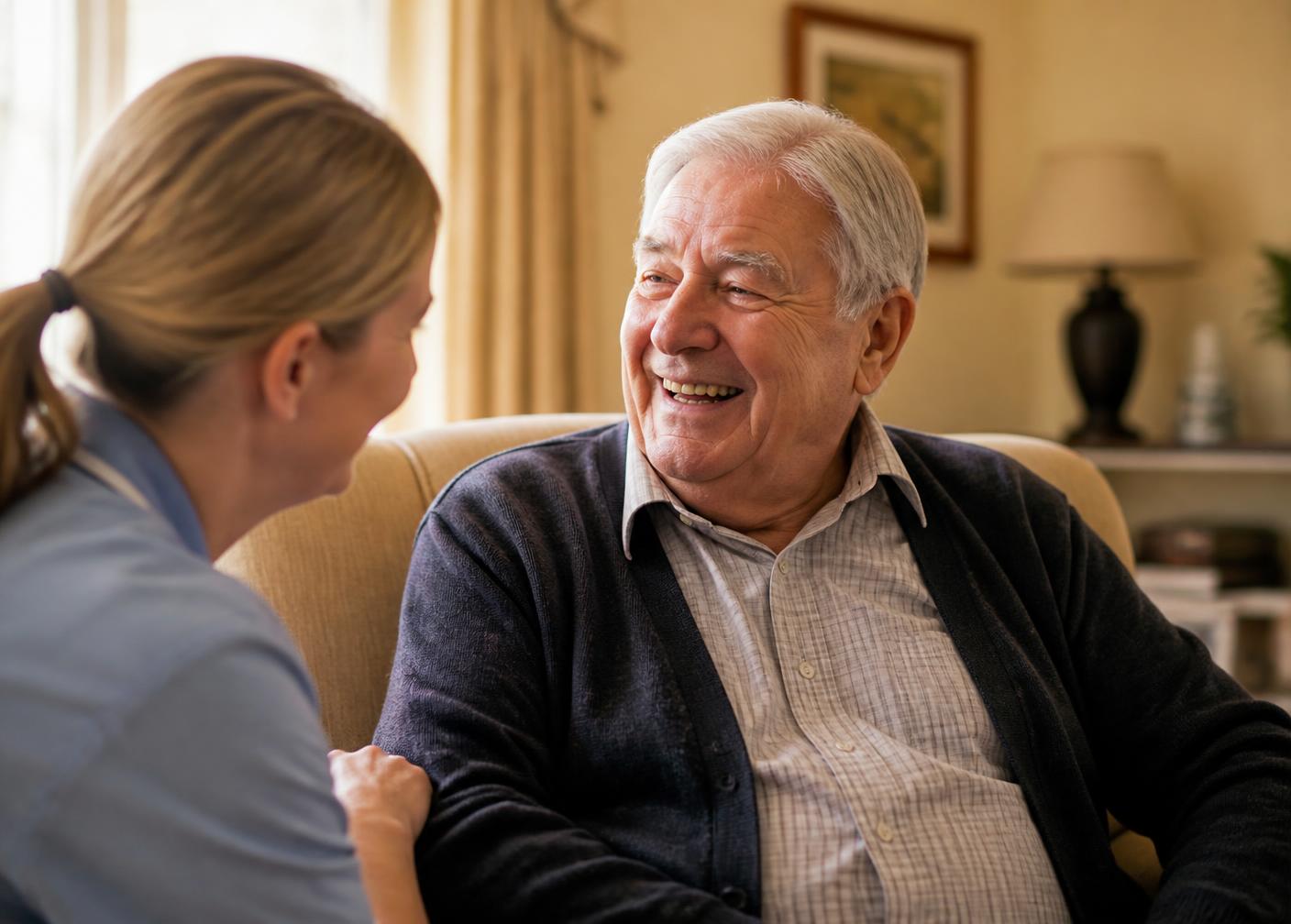 A caregiver sharing a warm laugh with an older man in his living room