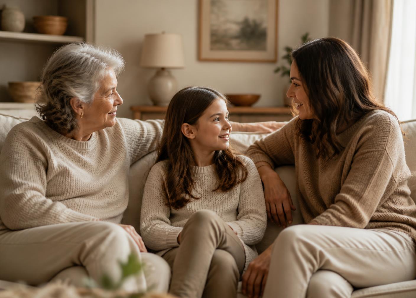 Three generations of a family talking together on a sofa